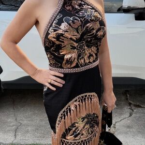 12th Tribe Black and Gold Floral Mini Dress